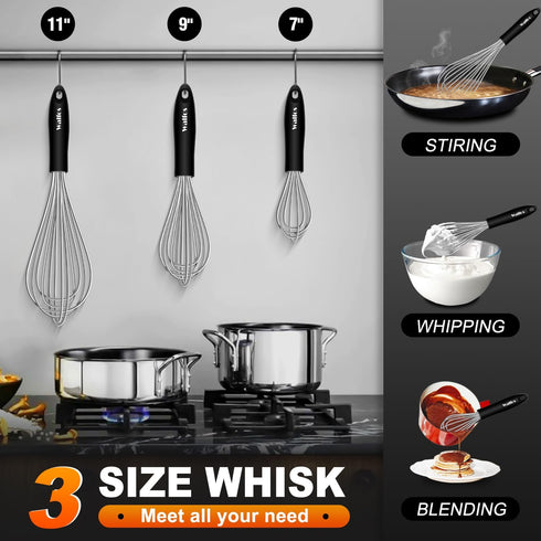 Stainless Steel Wire Whisk Set - 3 Packs Balloon Whisk, Thick Wire Wisk ? Strong Handles, Egg Frother for Cooking, Blending, Whisking, Beating and...