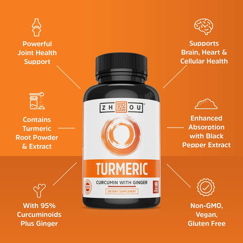 Zhou Turmeric Curcumin and Ginger with Bioperine 1800 mg | Extra Strength Antioxidant for Maximum Joint Comfort and Mobility | Non-GMO | 30 Servin...