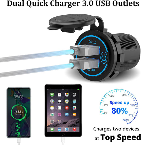 Qidoe 36W Dual QC3.0 USB Power Charger Socket, Waterproof 12V USB Outlet with Touch Switch Car USB Port for RV Motorcycle Boat Marine Truck Golf C...