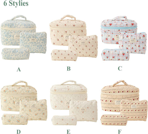 3 Pcs Cotton Quilted Makeup Bag Set, Floral Cotton Cosmetic Bag, Cute Makeup Bag, Aesthetic Toiletry Travel Organizer Bag for Women Girls (A)...