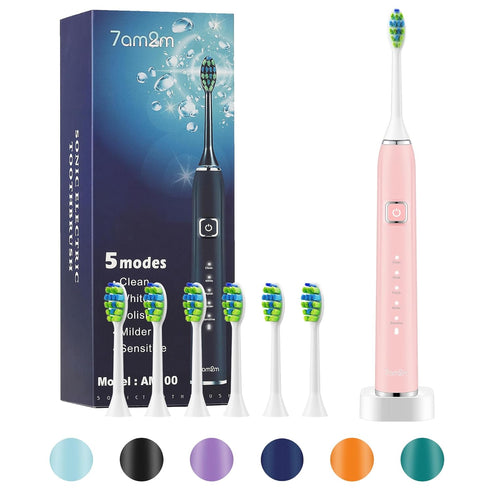 7AM2M Sonic Electric Toothbrush with 6 Brush Heads for Adults and Kids, One Charge for 90 Days, Wireless Fast Charge, 5 Modes with 2 Minutes Built...