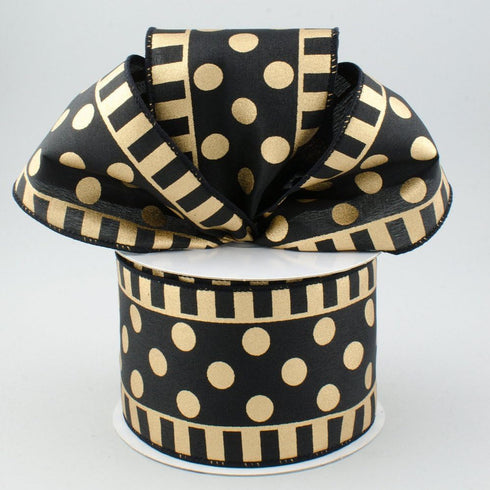 Dots & Stripes Wired Edge Ribbon - 2.5" x 10 yards (Black, Gold)...