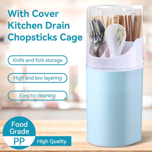 Kitchen Utensil Holder with Cover, 4 Compartment Wall-Mounted Countertop Plastic Silverware Holder Utensil Drying Rack for Cutlery, Chopstick, Spo...