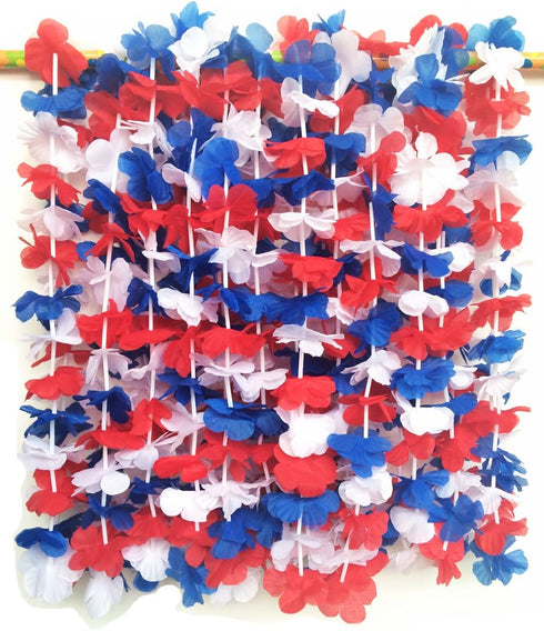 LITTLE FEATHER Red White and Blue 4th of July Party Lei Hawaiian Luau Flower Necklace Party Favors,Pack of 12...
