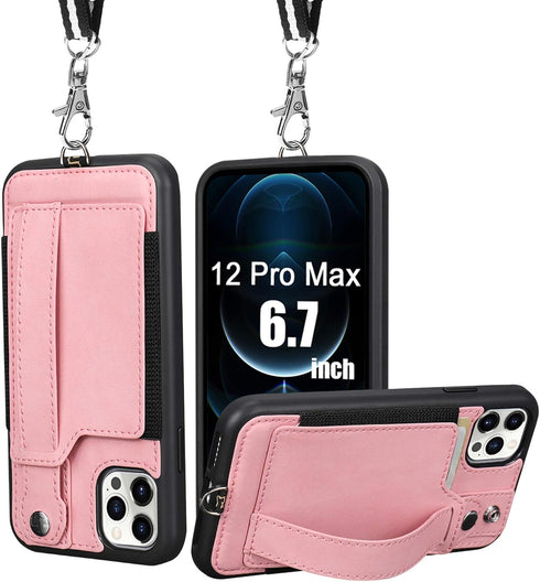 TOOVREN Wallet Case for iPhone 12 Pro Max Lanyard Case with Leather PU Card Holder Stand Adjustable Detachable Phone Neck Strap, Phone Protective ...
