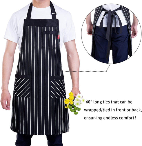 Aprons for Women and Men, Kitchen Chef Apron with 3 Pockets and 40" Long Ties, Adjustable Bib Apron for Cooking, Serving - 32" x 28" - Black/White...