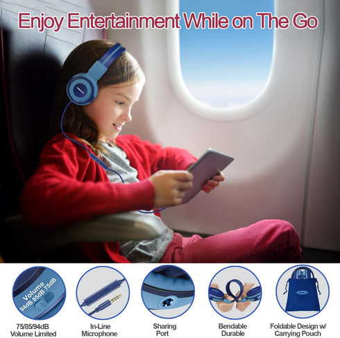 SIMOLIO Kids Headphones for School Age, Wired Headsets with Microphone Volume Limiter Sharing Jack, Adjustable & Durable, Tangle-Free Foldable Ste...