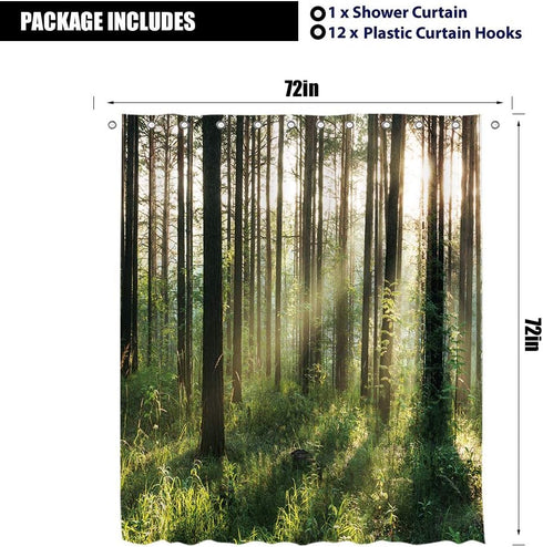 LIGHTINHOME Nature Shower Curtain 72x72 Inch Bright Sunshine Tree Green Leaves Fresh Grass Landscape Woodland Scene Floral Fabric Waterproof Bathr...