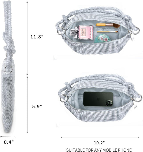 Silver Purse Rhinestone Purse Silver Clutch Sparkly Purse Silver Bag 10.2"×0.4"×6.69"(Silver)...