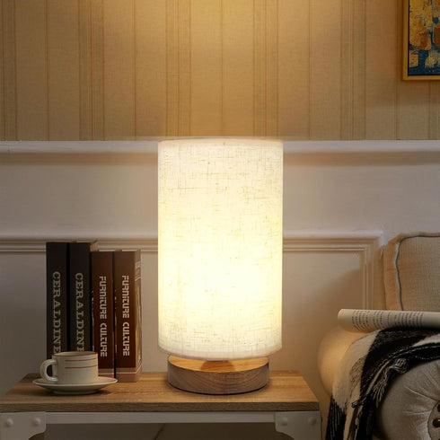 Table Lamp Minimalist Desk Lamp with Wooden Base Simple Nightstand Lamp with Linen Fabric Shade Bedside Lamp for Bedroom Kids Room Living Room Off...