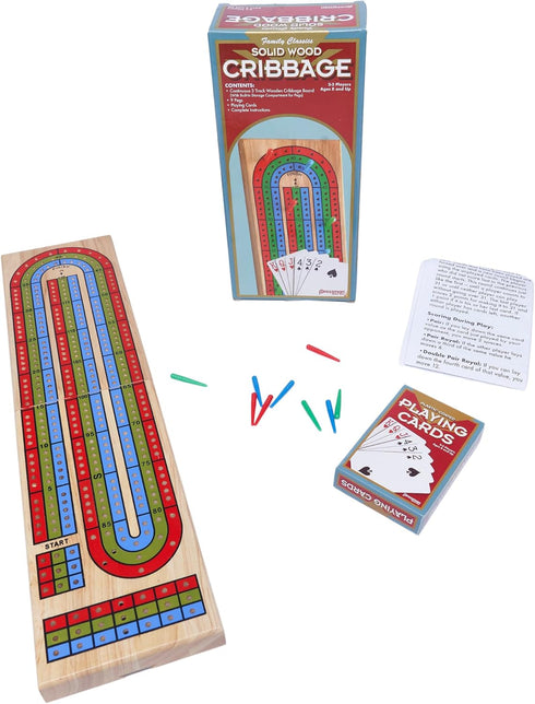 Family Classics Cribbage - Solid Wood Continuous 3 Track Board with Built-In Storage Compartment for Pegs...