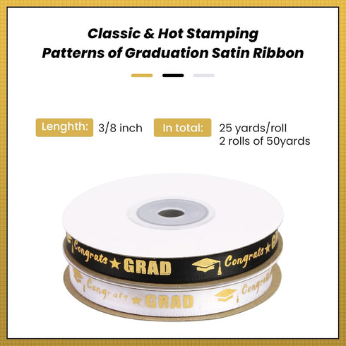 2 Rolls 50 Yards Graduation Ribbon 3/8 Inch Wide, Congrats Grad Gold Satin Ribbon for Gift Wrapping Class of 2024 Graduation Party Decorations DIY...