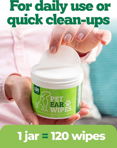 120ct Pet Ear Wipes for Dogs w/Itch Relief | Natural Coconut Oil, Eucalyptus & Aloe | Irritation Relief, Easy Otic Wax Cleaner Solution Pets...