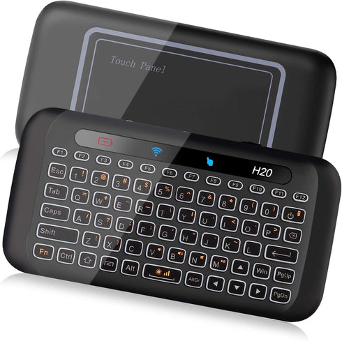 ILEBYGO 2.4Ghz H20 Mini Wireless Keyboard and Touchpad Mouse Combo,7 Colors Adjustable, Rechargeable Auto-Rotation of Touch Panel Handheld Remote ...