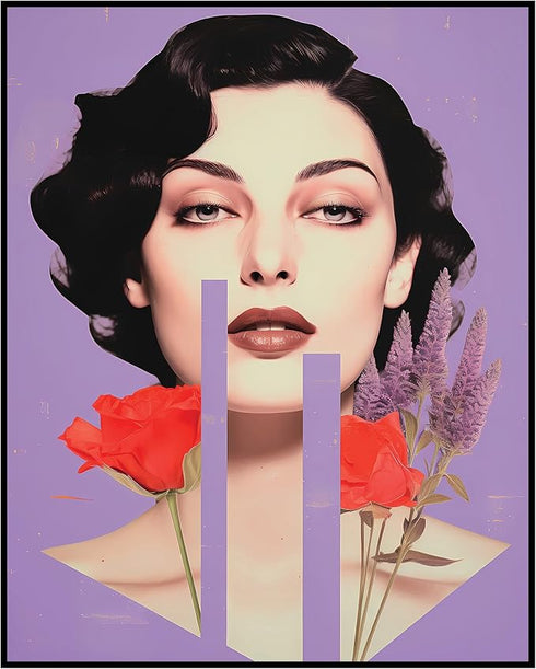 Posterizer 1 pcs-vintage collage-purple backgound , red flowers-Retro Art-Abstract & Modern Art-Gift for Art Lovers-Gifts for Women- UNFRAMED Wall...