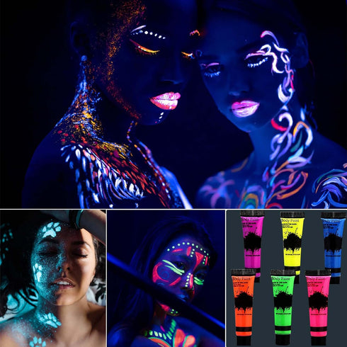 6 Pcs Glow in Dark Face Body Paint,Neon Fluorescent Blacklight Glow Face Makeup Set,Washable & Quicker Dry Neon Face Body Paint for Party Supplies...