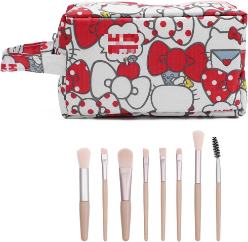 Cartoon Kitty Makeup Bag with Makeup Brush Plush Stitch Cosmetics Case 8 Pcs Cosmetic Brush Kawaii Capacity Bag for Women -1...