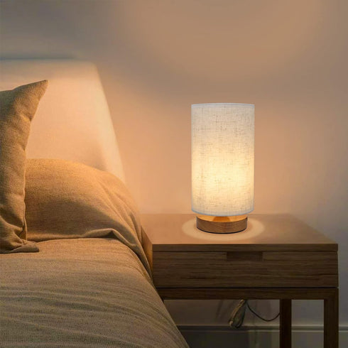Small Bedside Night Table Lamp for Bedroom, Minimalist Nightstand Lamp with Round Fabric Linen Shade, Study Reading Desk Lamp for Kids Room, Livin...
