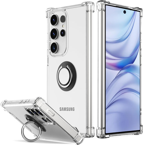 for Galaxy S24 Ultra Case Clear with 360 Rotation Metal Ring Holder Stand, Support Magnetic Car Phone Mount Soft TPU Bumper PC Hard Protective Pho...