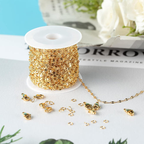 Jabogrii 32.8 Feet Gold Plated Chain Link Thin Stainless Steel Chain Spool Bulk Necklace with Lobster Clasp and Jump Rings for Jewelry Making DIY ...
