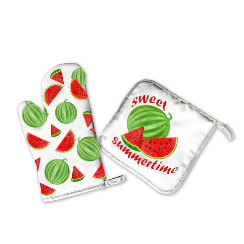 Summer Home Decor | Decorative Kitchen Oven Mitt Hot Plate Pot Holders | Sweet Summertime Watermelon Red Green | White Stove Home Decor Holiday De...