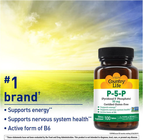 Country Life P-5-P Vitamin B6 – Bioavailable Pyridoxal-5-Phosphate Supplement for Energy, Nervous System Support, and Red Blood Cell Growth – Cert...