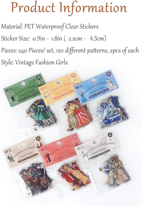 Vintage Fashion Stickers, 240 Pieces Retro Style Ladies Scrapbook Stickers Scrapbooking Supplies Kit, Sheer People Stickers for Junk Journals, Car...
