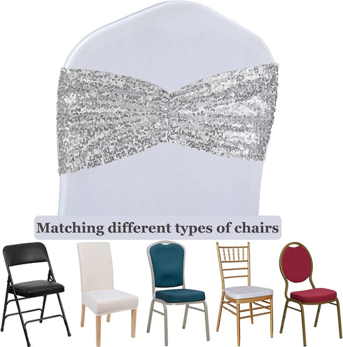 SquarePie Pack of 10 Sequin Chair Sashes Silver Sparkling Bands Decorative Bows for Wedding Banquet Party Event Decor...