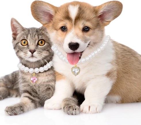 Cat Dog Pearl Necklace Collar 2pcs, Small Cat Collar Pear Dog Necklaces Cute Fancy Jewelry Accessories with Heart Shape Rhinestone White Pink Wedd...