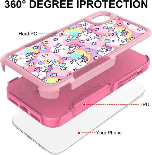 CaseTown Case for iphone XR, Rainbow Unicorn Design Dual Layer Heavy Duty Shockproof Defender Bumper Back Case Silicone Protective Armor Women Gir...