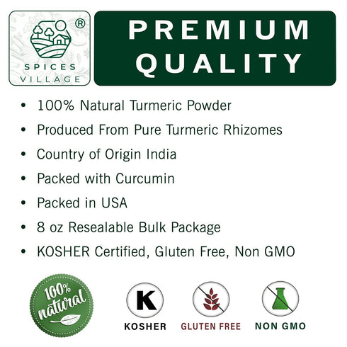 SPICES VILLAGE Turmeric Powder (8 oz) - Natural Pure Ground Turmeric Root with Curcumin, Indian Raw Turmeric, Great for Tea or Latte - Kosher Cert...