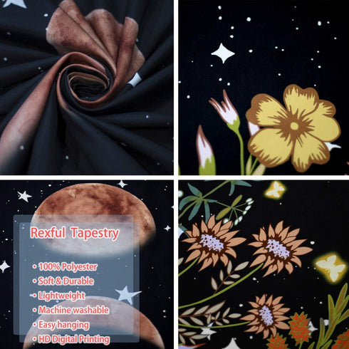 Rexful Moonlit Garden Tapestry, Moon Phase Surrounded by Plants and Flowers Black Wall Hanging Blanket 44×60 inch...