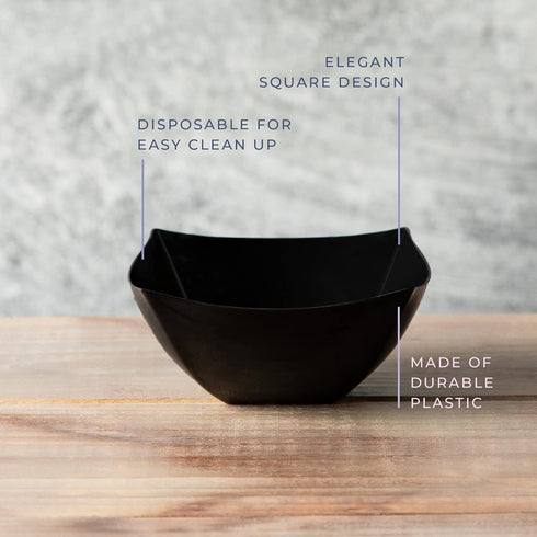 PLASTICPRO Disposable Square Serving Bowls, Party Snack or Salad Bowl, Plastic Black Pack of 4, 8 OUNCE, Black...