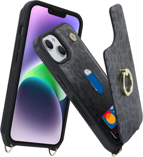 for iPhone 13 Case with Card Holder for Women,iPhone 13 Phone Case with Strap,Crossbody Lanyard,Ring Stand,Snap Clasp,Cute Wallet Cases for iPhone...
