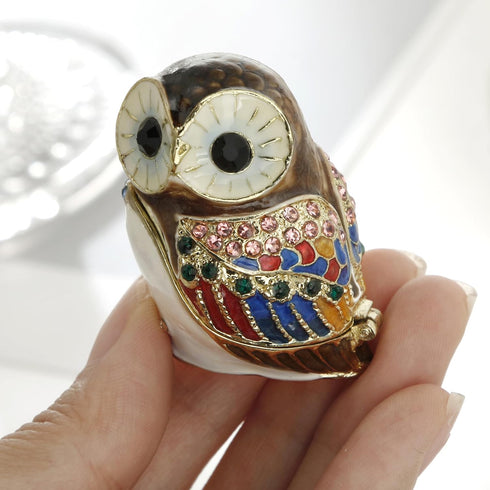 Hand Painted Enamel Mini Owl Trinket Box, Hinged Unique Mini Ring Necklace Jewelry Organizer, Classical Bejeweled Storage, Figurine Collectible Ke...