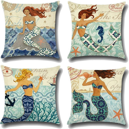 ULOVE LOVE YOURSELF Ocean Theme Throw Pillow Case Mediterranean Style Cotton Linen Mermaid Square Cushion Covers 18 X 18 Inch Nautical Pillow Cove...