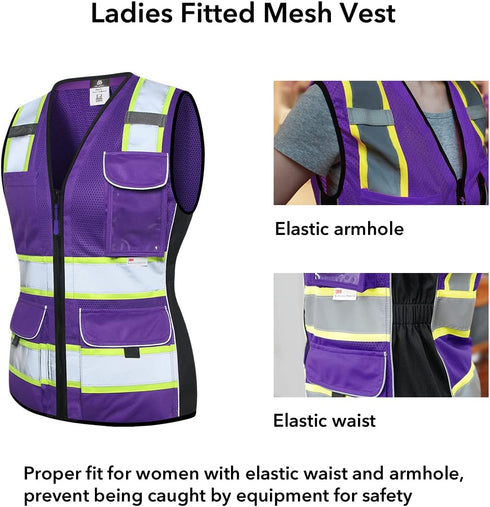 Vest for Women with Pockets, Mesh Reflective Vest High Visibility, ANSI Class 2 Made with 3M Reflective Tape, Purple XL...