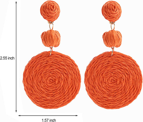 Boho Raffia Ball Earrings for Women, Handmade Statement Drop Earrings Straw Dangle Earrings Beach Vacation Jewelry...