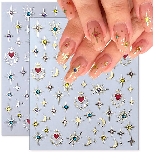 6Sheets Moon Star Nail Art Stickers Gold Silver Nail Decals for Nail Art Design Charms 3D Glitter Crystal Diamond Nail Stickers Self-Adhesive Pega...