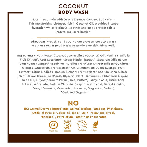 Desert Essence Coconut Body Wash Deep Hydration Infused with Moisture-Rich Botanicals Jojoba Oil, Organic Coconut & Shea Butter - Vegan, Gluten-Fr...