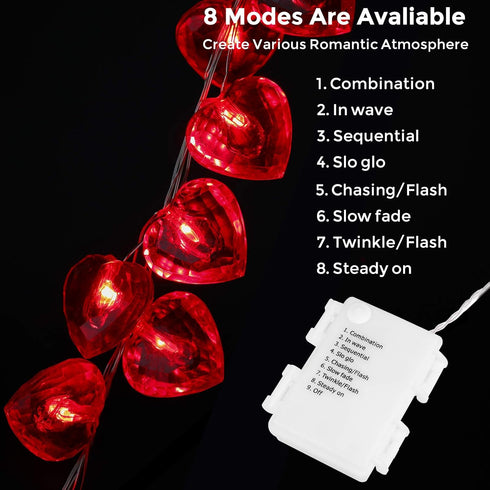 Luditek 50 LED Diamond Cut Red Heart Twinkle Fairy String Lights for Valentines Weddings Dating Garland Indoor Outdoor Home Decorations, 8 Lightin...