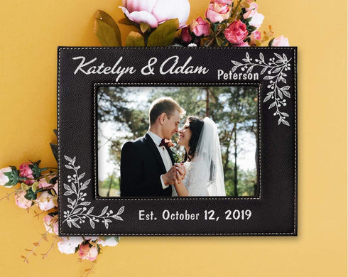 Personalized Newlywed Couples 7x5 Leather Picture Frame Engraved Women Mens Wedding Anniversary Husband Wife...
