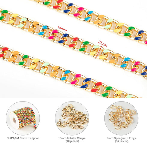 9.8 Feet Colorful Dripping Oil Cuban Chains for Jewelry Making, Gold Plated Aluminum Chain for Necklace Unwelded Twist Curb Chain Roll with Jump R...
