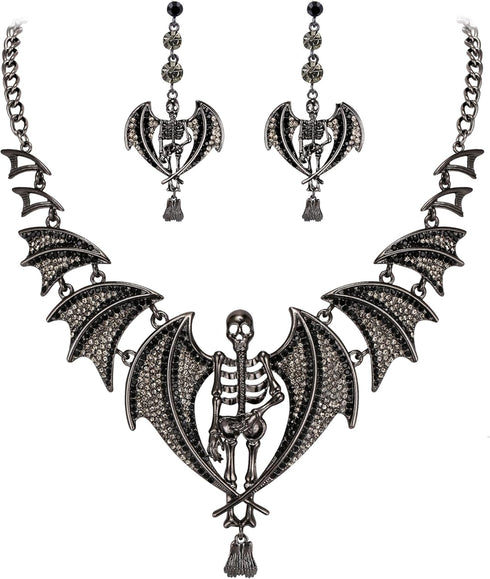 EVER FAITH Austrian Crystal Gothic Style Halloween Skull Bat Necklace Earrings Set...