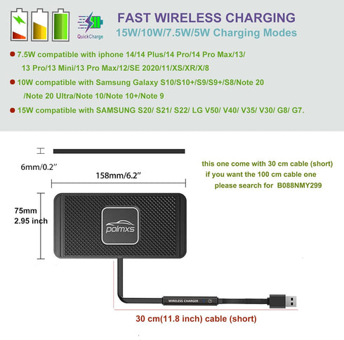 Wireless Charger Car Charging pad,POLMXS 15W Fast Wireless Phone Charger Non Slip Cell Phone Flat Charging mat Compatible with iPhone 11/12/12/14/...