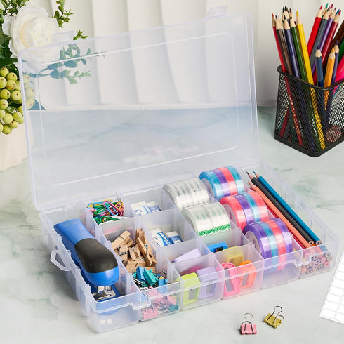 18 Grids Large Plastic Organizer Box with Adjustable Dividers, Clear Compartment Storage Container Tackle Box with Label Stickers for Beads, Craft...