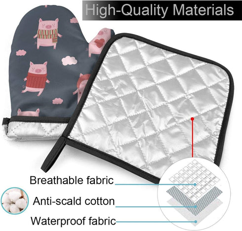 Cute Cartoon Pigs Oven Mitts and Pot Holders Sets Heat Resistant Oven Gloves with Non-Slip Surface for Reusable for Baking BBQ Cooking...