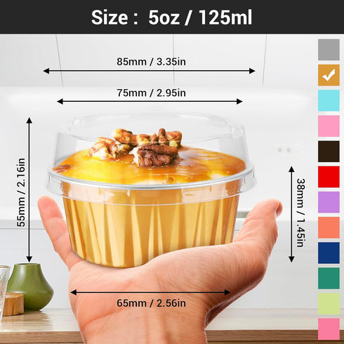 EUSOAR Disposable Ramekins Aluminum Foil, Gold 25Packs 5oz Baking Cups with Lids Mini Muffin Liners, Dessert Cheesecake Pan Creme Brulee Cupcake C...
