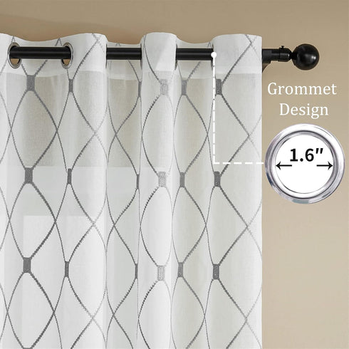 Top Finel Short Sheer Curtains 45 Inch Length for Bathroom,Privacy White and Gray Embroidered Diamond Grommet Window Treatments Curtains for Livin...