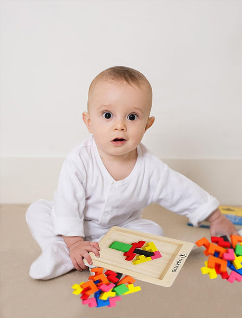 Wooden Puzzles Blocks Brain Teasers Toy Russian Tangram Colorful Jigsaw Game Montessori Intelligence STEM Preschool Educational Gift for Baby Todd...